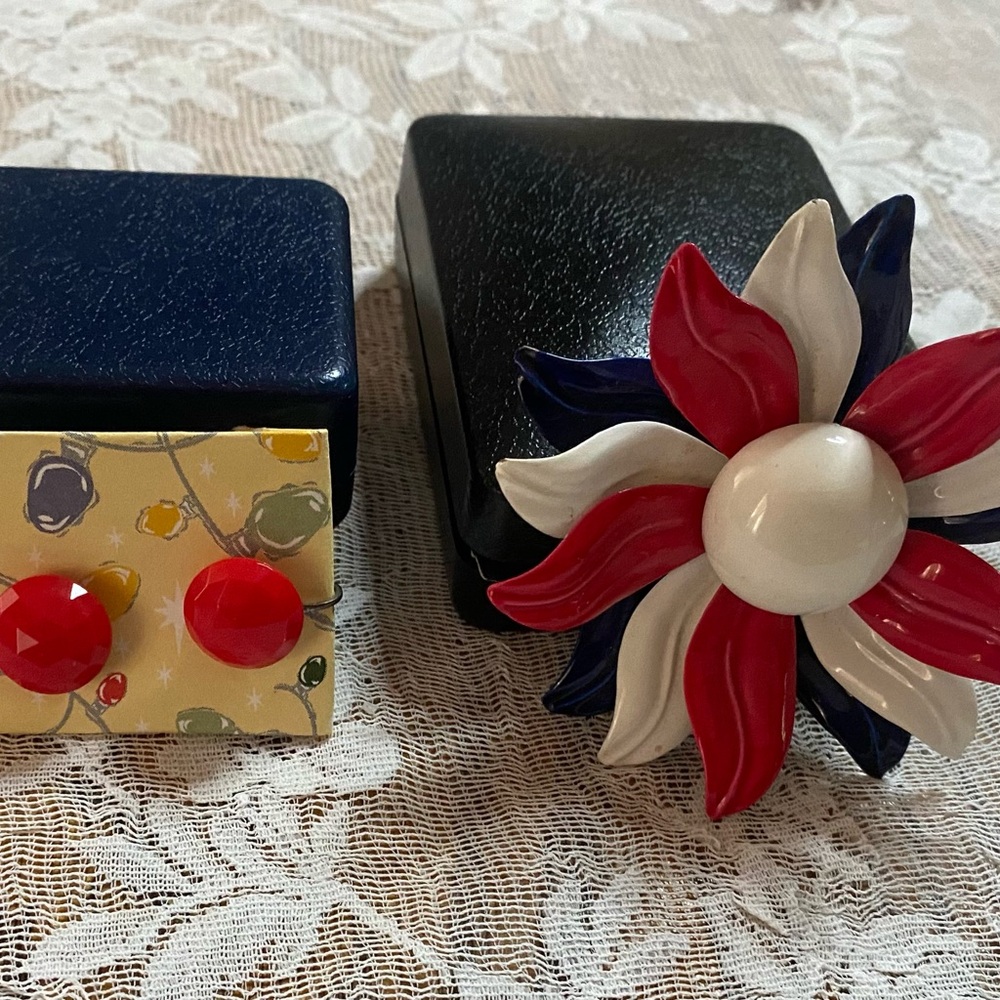 Red white and blue vintage enamel brooch and Bakelite earring bundle